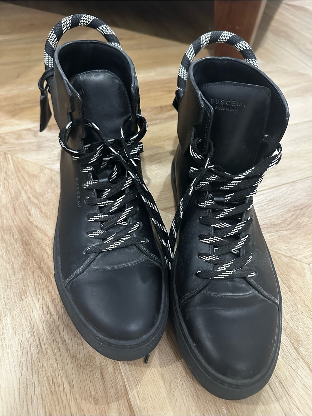 Buscemi Black Leather High-Top Sneakers with Black-and-White Laces